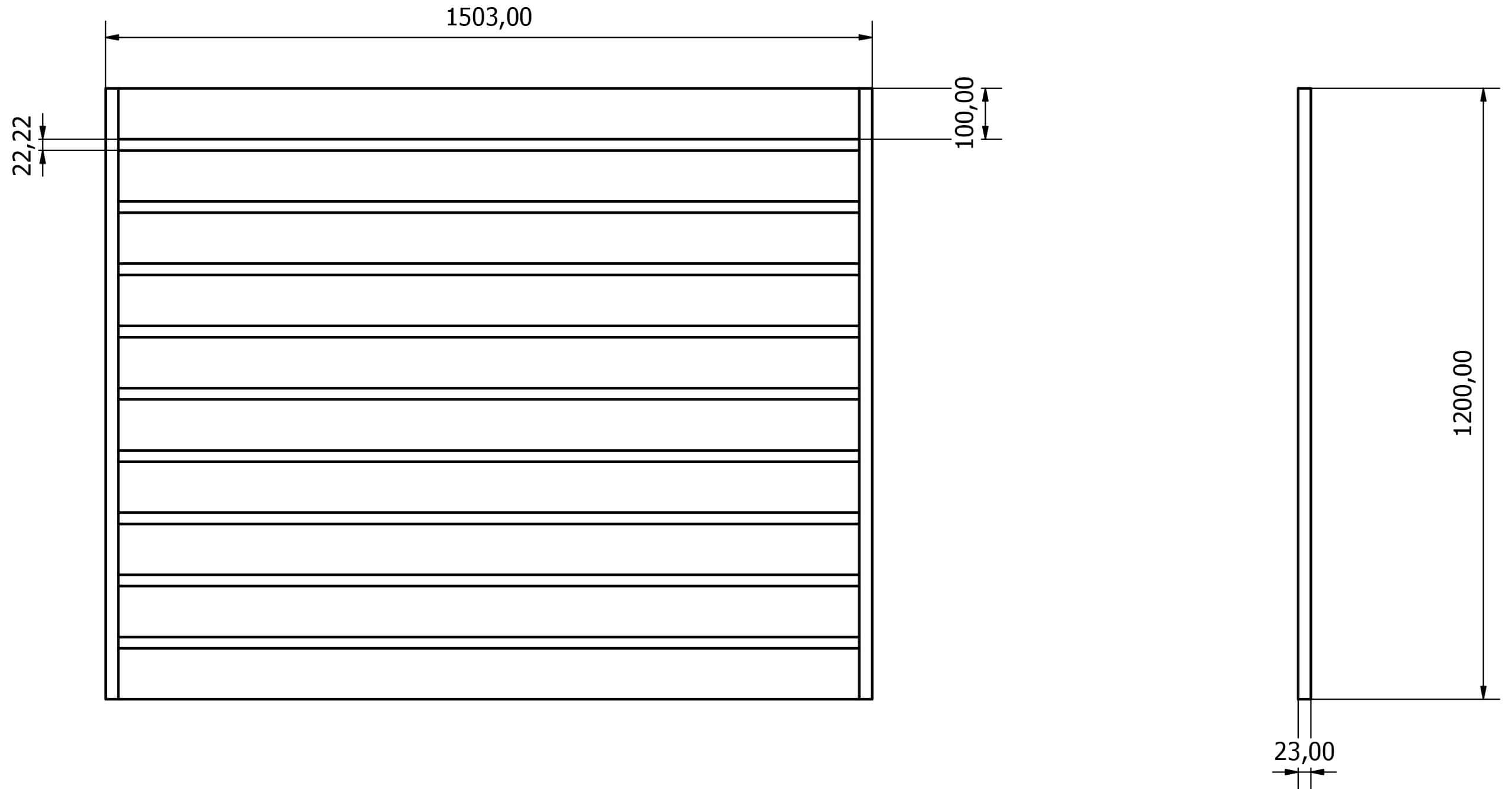 Przęsła ogrodzeniowe typ WALL 100 - wysokość 120cm - szerokość 150cm - profil 10cm - Rysunek techniczny - OtoSiatka.pl