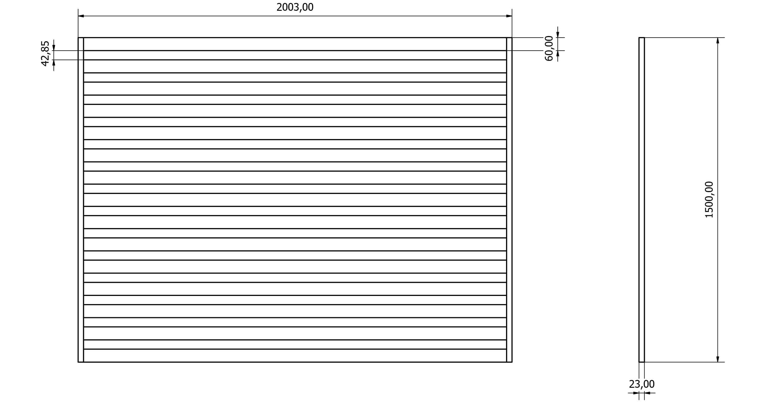 Przęsła ogrodzeniowe typ WALL 60 - wysokość 150cm - szerokość 200cm - profil 6cm - Rysunek techniczny - OtoSiatka.pl