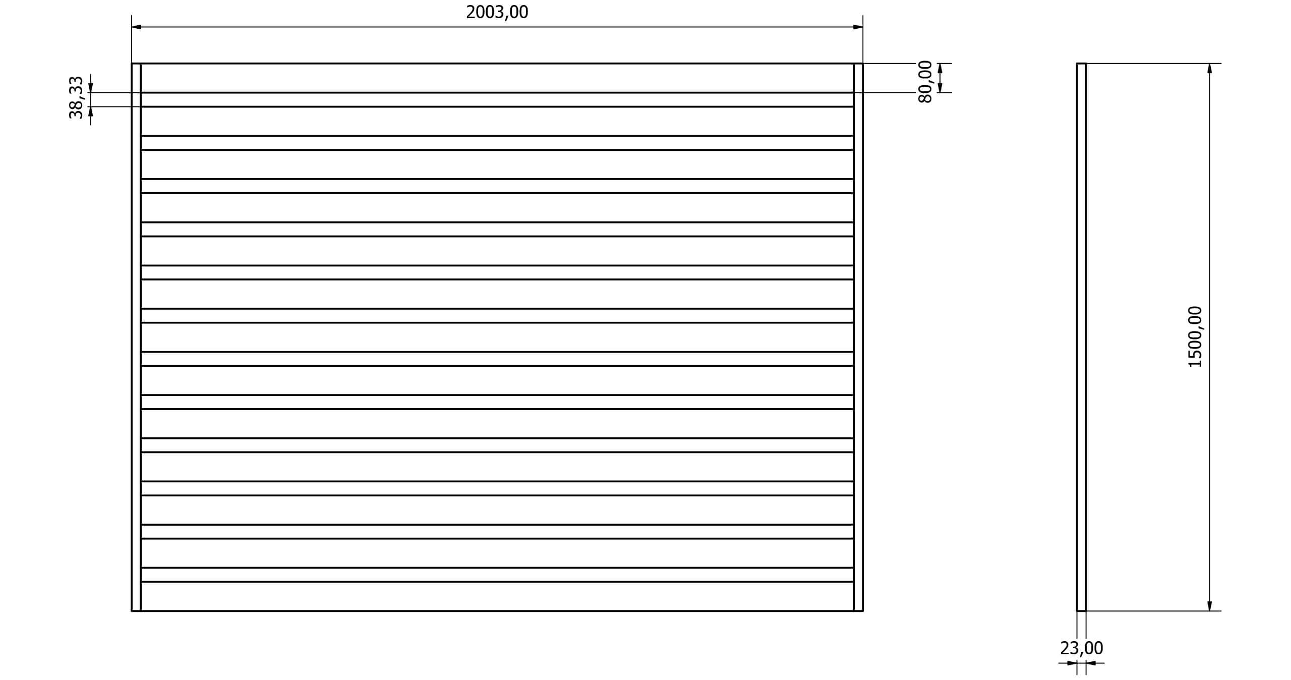 Przęsła ogrodzeniowe typ WALL 80 - wysokość 150cm - szerokość 200cm - profil 8cm - Rysunek techniczny - OtoSiatka.pl